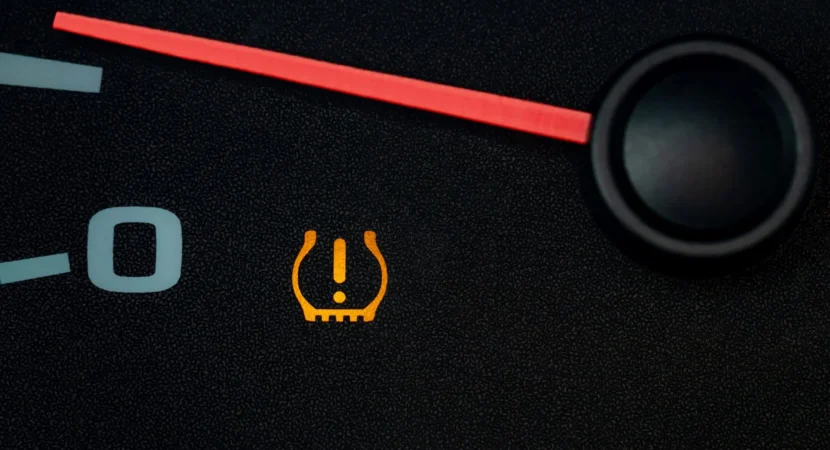 Tire pressure warning light on a vehicle dashboard