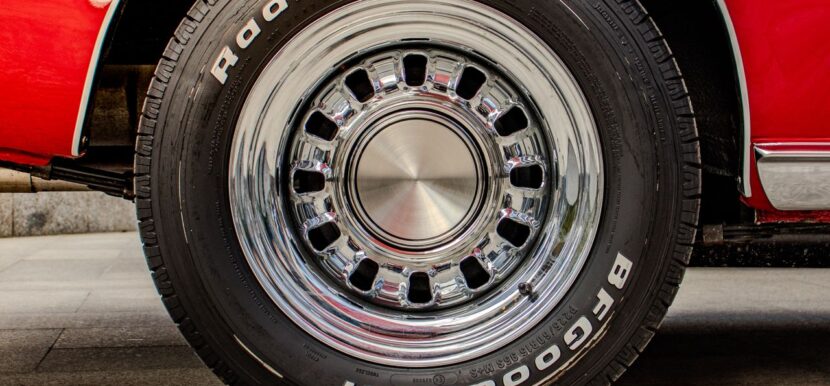 Tire tread and sidewall being inspected before a mountain drive