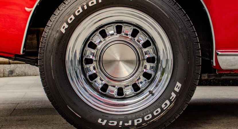 Tire tread and sidewall being inspected before a mountain drive